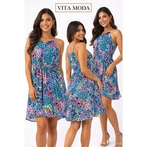 Bisou Bisou Womens Cocktail Mini Dress Size 14 Multicolor Floral Sleeveless Belt